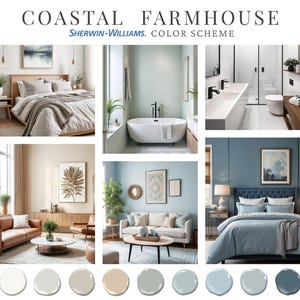 Puede incluir: Un esquema de color de granja costera con colores de pintura Sherwin-Williams. La paleta de colores incluye un azul claro, un verde p&aacute;lido, un beige y un gris claro. Los colores se muestran en una variedad de habitaciones, incluyendo un dormitorio, un ba&ntilde;o y una sala de estar.
