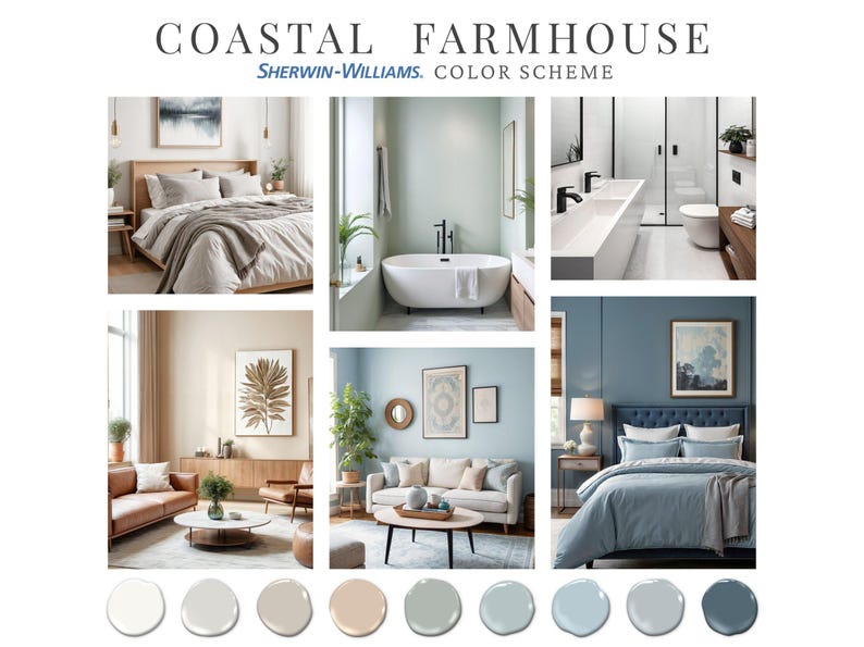 Puede incluir: Un esquema de color de granja costera con colores de pintura Sherwin-Williams. La paleta de colores incluye un azul claro, un verde p&aacute;lido, un beige y un gris claro. Los colores se muestran en una variedad de habitaciones, incluyendo un dormitorio, un ba&ntilde;o y una sala de estar.