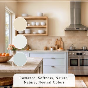 K&ouml;nnte beinhalten: Eine moderne K&uuml;che mit hellblauen Schr&auml;nken, Edelstahlger&auml;ten und einer Holzinsel. Eine Holzschale mit Orangen steht auf der Insel. Der Text lautet: "Romance, Softness, Nature, Neutral Colors."