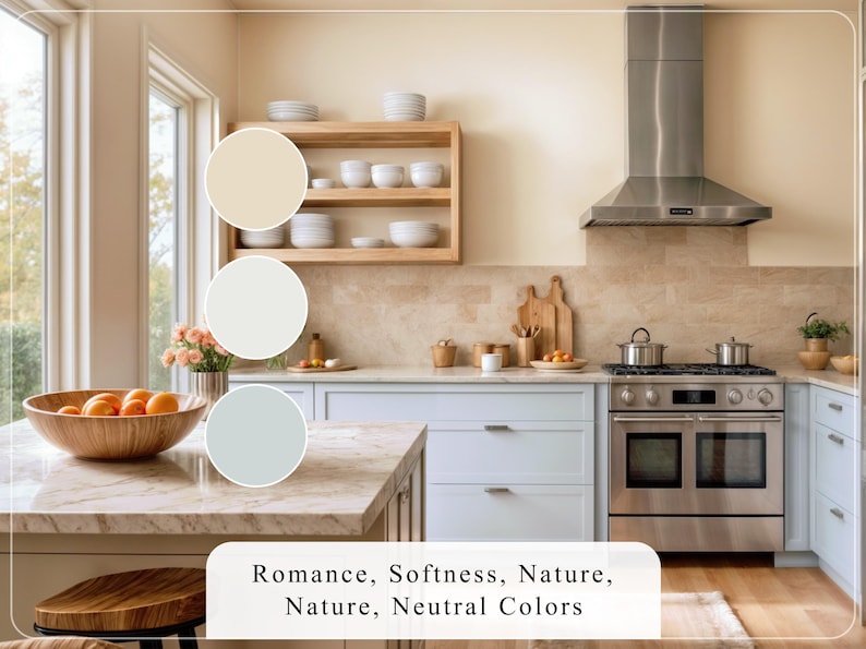 K&ouml;nnte beinhalten: Eine moderne K&uuml;che mit hellblauen Schr&auml;nken, Edelstahlger&auml;ten und einer Holzinsel. Eine Holzschale mit Orangen steht auf der Insel. Der Text lautet: "Romance, Softness, Nature, Neutral Colors."