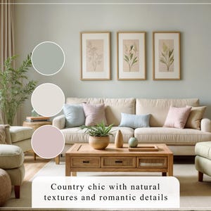 K&ouml;nnte beinhalten: Ein Wohnzimmer mit beigem Sofa, Sesseln und einem Holztisch. Drei gerahmte botanische Drucke h&auml;ngen &uuml;ber dem Sofa. Pastellfarbene Kissen und dekorative Elemente setzen Farbakzente. Der Text unten lautet "Country chic with natural textures and romantic details."