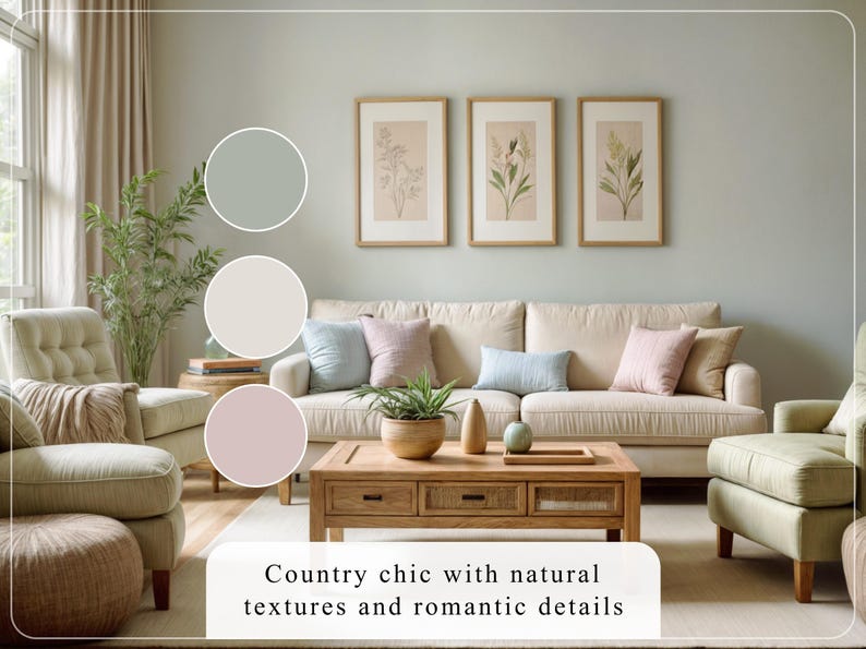 K&ouml;nnte beinhalten: Ein Wohnzimmer mit beigem Sofa, Sesseln und einem Holztisch. Drei gerahmte botanische Drucke h&auml;ngen &uuml;ber dem Sofa. Pastellfarbene Kissen und dekorative Elemente setzen Farbakzente. Der Text unten lautet "Country chic with natural textures and romantic details."