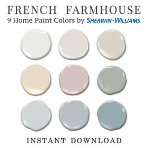 K&ouml;nnte beinhalten: Das Bild zeigt neun Farbmuster in verschiedenen neutralen Farbt&ouml;nen, darunter Wei&szlig;, Beige und Grau, in einem 3x3-Raster angeordnet. Der Text "FRENCH FARMHOUSE" und "9 Home Paint Colors by SHERWIN-WILLIAMS" sind oben zu sehen. "INSTANT DOWNLOAD" steht unten.