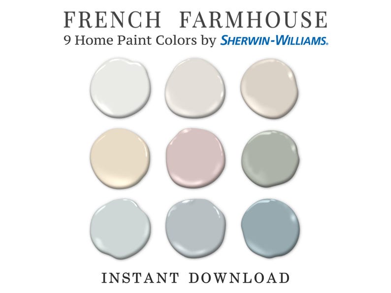 K&ouml;nnte beinhalten: Das Bild zeigt neun Farbmuster in verschiedenen neutralen Farbt&ouml;nen, darunter Wei&szlig;, Beige und Grau, in einem 3x3-Raster angeordnet. Der Text "FRENCH FARMHOUSE" und "9 Home Paint Colors by SHERWIN-WILLIAMS" sind oben zu sehen. "INSTANT DOWNLOAD" steht unten.