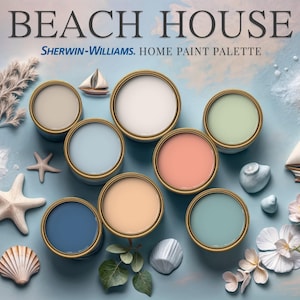May include: A paint colour palette with the title "Beach House" and the text "Sherwin-Williams. Home Paint Palette". The palette features eight paint colours in small paint tins, including shades of blue, green, peach, and beige. The tins are arranged on a light blue background with seashells, starfish, and a small white sailboat.