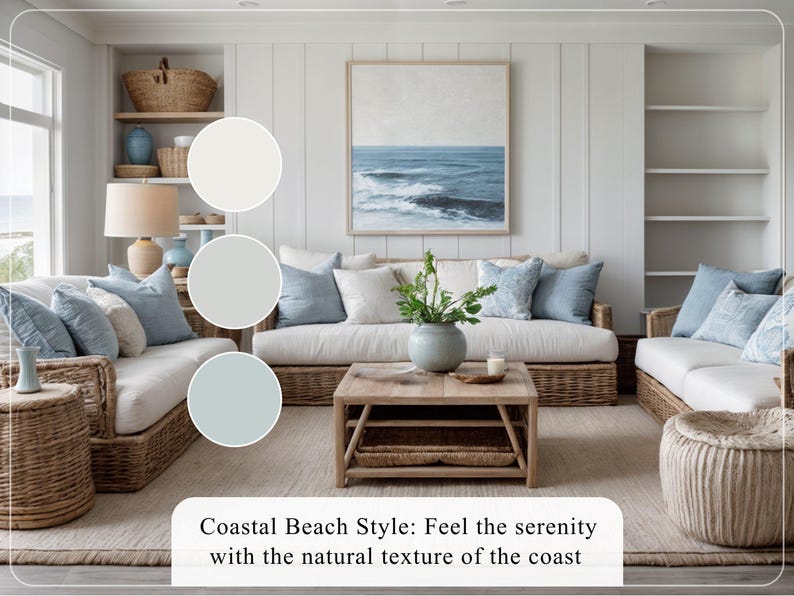 Puede incluir: Sal&oacute;n de estilo costero con sof&aacute;s de colores claros, cojines azules y una mesa de centro de madera. La habitaci&oacute;n cuenta con una gran pintura marina enmarcada y una paleta de colores neutros, creando un ambiente sereno. El texto en la imagen dice: Coastal Beach Style: Feel the serenity with the natural texture of the coast.