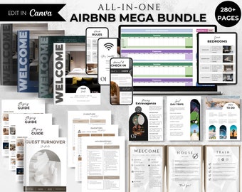 Airbnb Host Bundle | Digital Welcome Book Airbnb Template | Airbnb Spreadsheet | Airbnb Printable | Editable Airbnb Signs|Cleaning Checklist