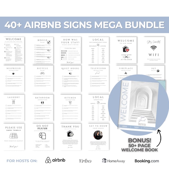 Airbnb Sign Bundle Template | Welcome Sign for Hosts | Vacation STR Printable | VRBO | Airbnb Poster | Checkout List | Canva | Simple Signs