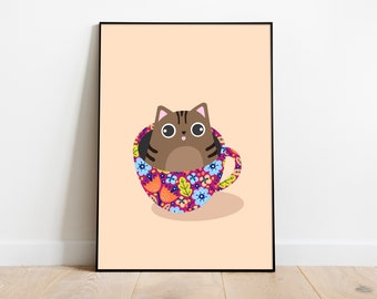 Tabby Cat in Teacup Art Print, Kitchen Coffee Bar Wall Decor, Digital Download