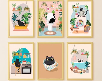 May include: Set of six illustrated prints featuring black cats in various domestic settings. The prints feature a cat in a bathroom, a cat in a kitchen, a cat in a bathtub, a cat in a laundry room, a cat in a teacup, and a cat in a litter box.