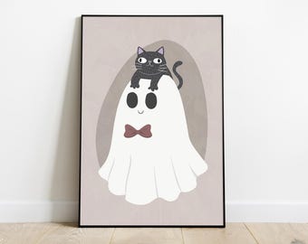 Ghost and Black Cat Halloween Print: Spooky Digital Decor (Digital Download)