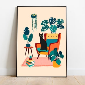 Vintage wall art, Black cat art print, plants and cats, printable wall art, Boho Minimalist Wall Art, retro style poster, bohemian wall art