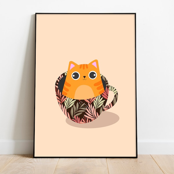 Orange cat coffee cup, coffee cat art digital prints, orange cat wall art, Kitchen Decor, teacup cat, cat lovers printable art, wall decor