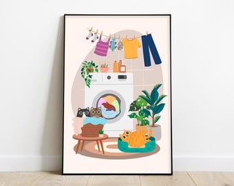 Funny Laundry Room Cat Print: Tabby, Tuxedo, Orange Cats (Digital Download