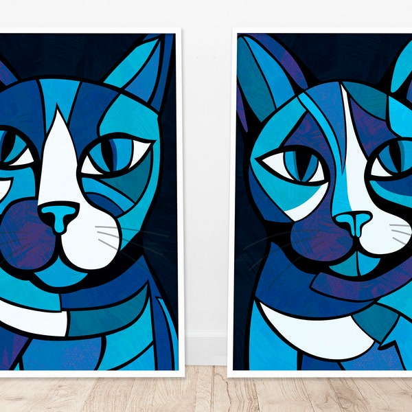 Set of 2 Prints, Abstract Cat, Picasso style, cats printable art, home decor, Abstract Feline Wall Decor, cats wall art, canvas or poster