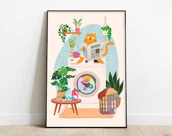 Funny Orange Cat Laundry Room Print: Nespaper cat Wall Art (Digital Download)