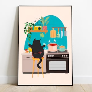 Druckbare schwarze Katze Chef Wandkunst, Boho Küche Dekor für Katzenliebhaber, Kochen & Essen Kunst Poster, Dekoration für die Küche, Wandkunst, Dekoration