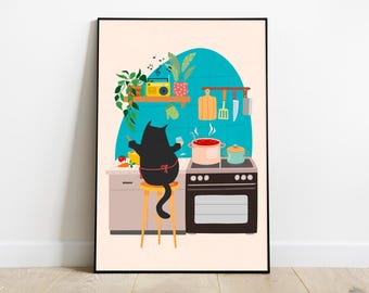 Impression d'art Black Cat Chef : affiche de cuisine bohème (téléchargement numérique)