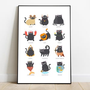Black Cat zodiac signs prints, funny cat print, astrology signs with cats, Boho Wall Art, home decor wall art, cat lover gift, cats poster
