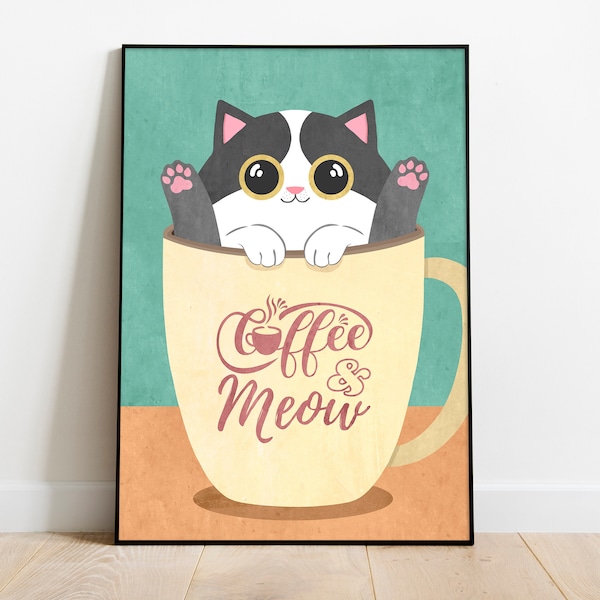 Tuxedo Kitty coffee mug, cats and coffee digital prints, tuxedo cat wall art, Kitchen Decor, Coffee Lover gift, Coffee Shop Decor, cute cat