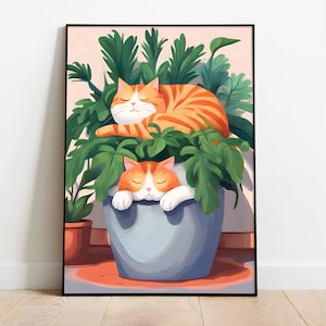 May include: Two orange tabby cats are sleeping in a large potted plant. The plant has large green leaves and is in a gray pot. The cats are curled up in the leaves and appear to be napping.