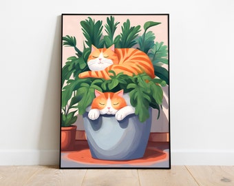 Orange Cats and House Plants Art Print: Whimsical Cat Lover Decor (Digital Download)