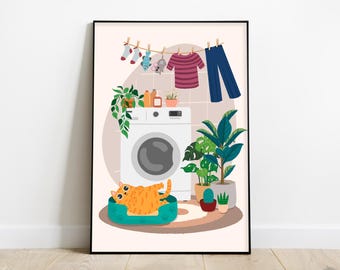 Orange Cat Laundry Room Wall Art,  Whimsical Cat Portrait print. (Digital Download)
