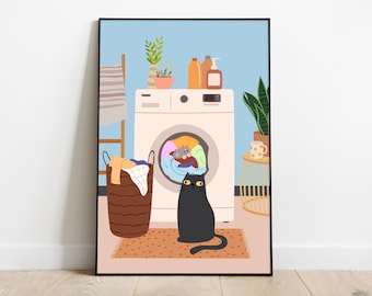 Black Cat Laundry Room Art: Boho Minimalist Print (Digital Download)