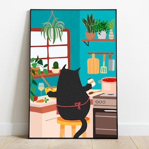 Black Cat Chef Cooking Print, Food Art Poster digital print, Printable Kitchen wall art, for gift for Cat Lovers, Boho Kitchen decor