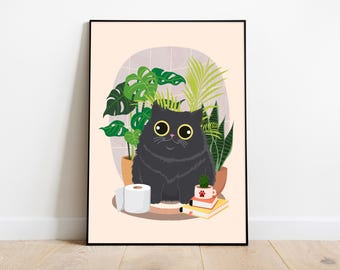 Funny Black Cat Bathroom Poster: Quirky Toilet Humor Art (Digital Download)