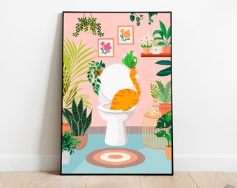 May include: A digital illustration of a bathroom with a toilet and a cat sitting on the toilet seat. The bathroom is decorated with many plants in pots. The walls are pink and the floor is blue.