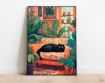 Boho Black Cat Art Print: House Plants, Bohemian Home (Digital Print)