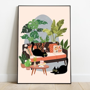 Playful black cats, bohemian wall art, house plants and cats, plant lovers decor, printable cat home wall art, boho style, living room decor