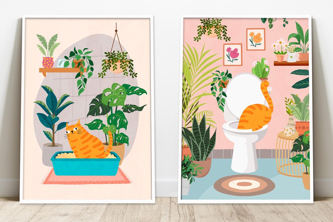 Orange Cat Bathroom Prints: Boho Garden Wall Art (set of 2) (digital ...