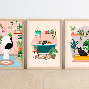 Láminas de baño de gatos bohemios: Arte mural felino divertido (juego de 3) (Descarga digital)