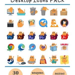 以下が含まれることがあります： オレンジ色の猫のデスクトップアイコン30個セット。各アイコンは、箱の中に座ったり、ヘッドフォンをつけたり、筆を持ったりするなど、さまざまなポーズの漫画の猫を描いています。アイコンはWindowsとMac向けで、すぐにダウンロードできます。