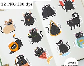 Zodiac Cats Stickers: Astrology Art, Planner Stickers (Digital Download)