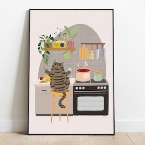 Cuisine de chef mignon chat tigré, impression de chat drôle, art mural de décoration de cuisine, art mural bohème, impression d'art de voiture de cuisine, décoration de plantes d'intérieur, impressions de chat