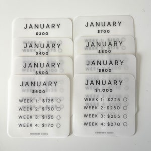 Op de afbeelding: Een verzameling witte, vierkante Comfort Coins met afgeronde hoeken. Elke munt is gemarkeerd met "JANUARI" met een totaalbedrag en wekelijkse uitsplitsingen. De tekst en cijfers zijn zwart. De munten zijn ontworpen voor financiële planning.