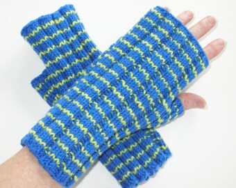 Blue and Green Striped Fingerless Gloves - Wool and Acrylic - Texting Gloves