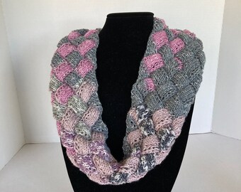 Scarf Hand Knit Cotton and Acrylic / Purple Gray Pink Entrelac Cowl