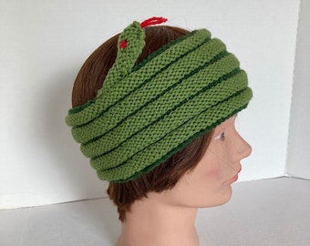 Green Snake Headband / Green with Dark Green Trim Knit Hat / Snake Cowl / Snake Wrap /Snake Lover Gift