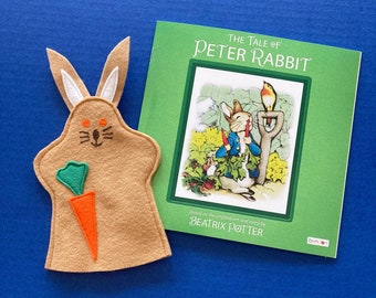 Peter Rabbit Storybook with Felt Hand Puppet  / Rabbit Puppet and Book / Peter Cottontail Puppet