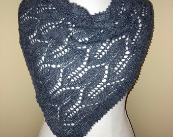 Gray Lace Shawl / Wool and Silk Lace Knit Bandana Cowl / Grey Hand Knit Shawlette