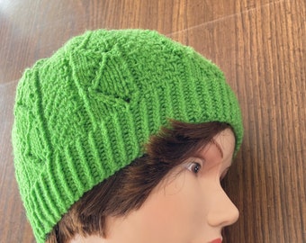 Bright Green Lacy Hat / Hand Knit Lace Hat / Knit Textured Green Hat