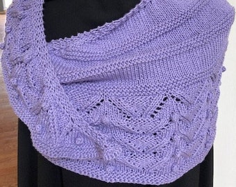 Hand Knit Lace Shawl / Purple Cotton and Acrylic Handknit Scarf / Lavender Crescent Wrap with Bobbles