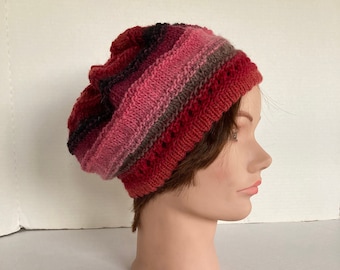 Pink, Black, and Gray Slouchy Knit Hat / Berry Wool, Silk, and Mohair Hand Knit Cap