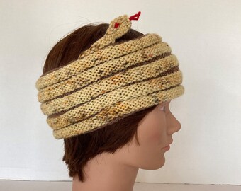 Yellow Snake Headband / Yellow with Brown Trim Knit Hat / Snake Cowl / Snake Wrap /Snake Lover Gift