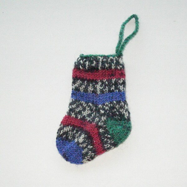 Mini Striped Stocking Ornament Hand Knit in Red, Green, Blue, Black, and White