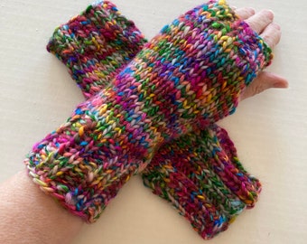 Rainbow hand knit mitts / Multicolor knit fingerless gloves / Knit wool and acrylic mitts